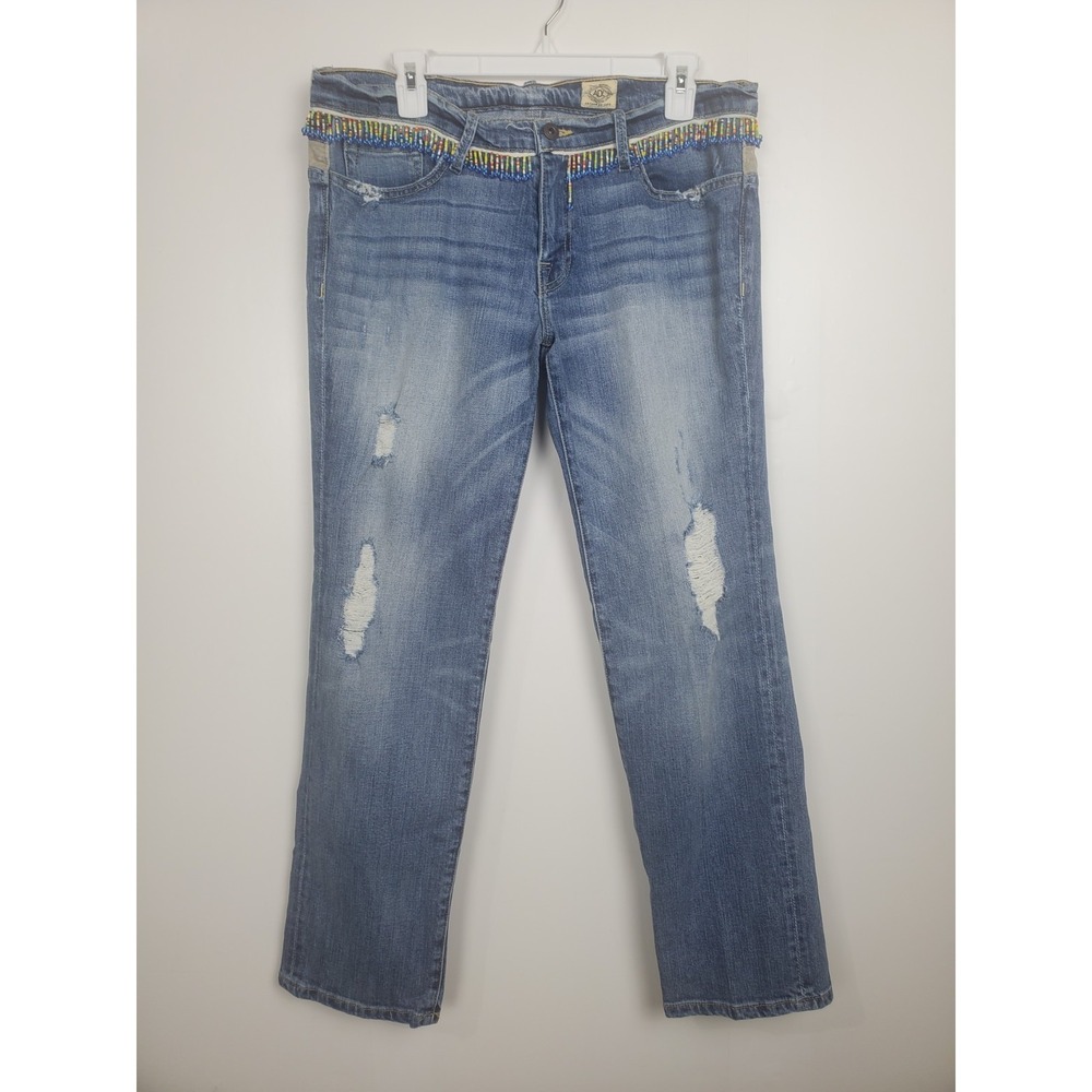 Artisan De Luxe ADL Beaded Distressed Straight Leg Jeans Medium Wash Size 29